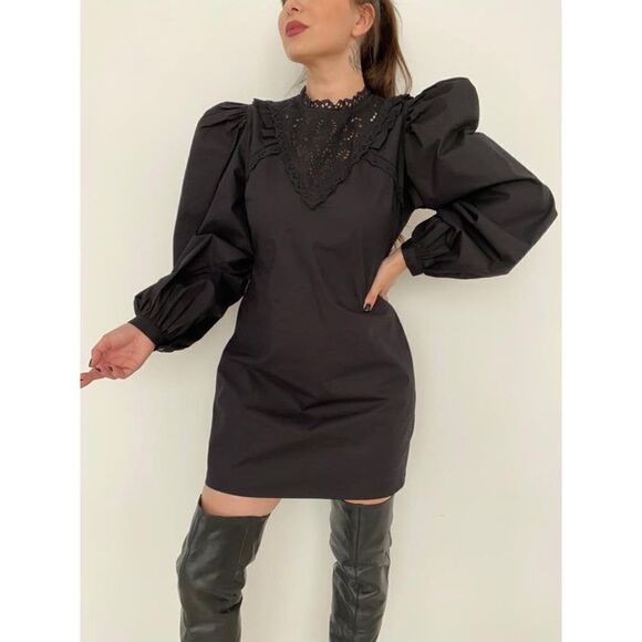 Black Short Dress Embroidered Balloon Sleeves Puff - Picture 8 of 8